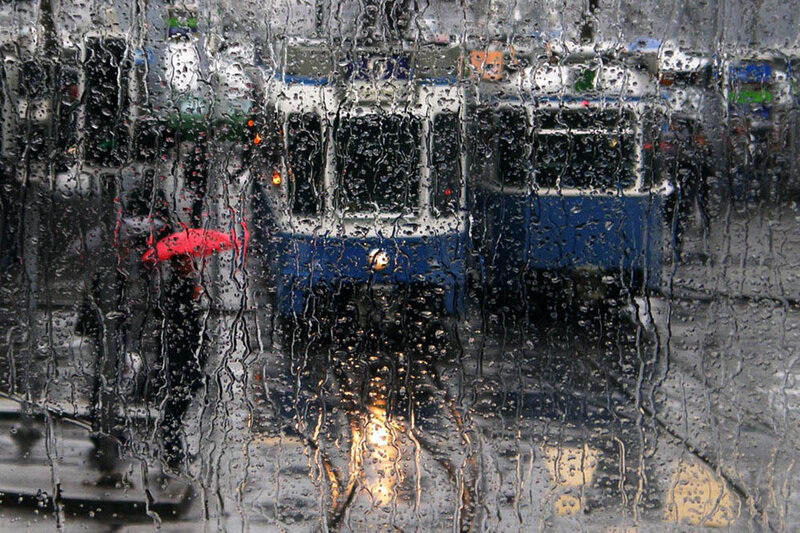 Blue Trolley in Rain