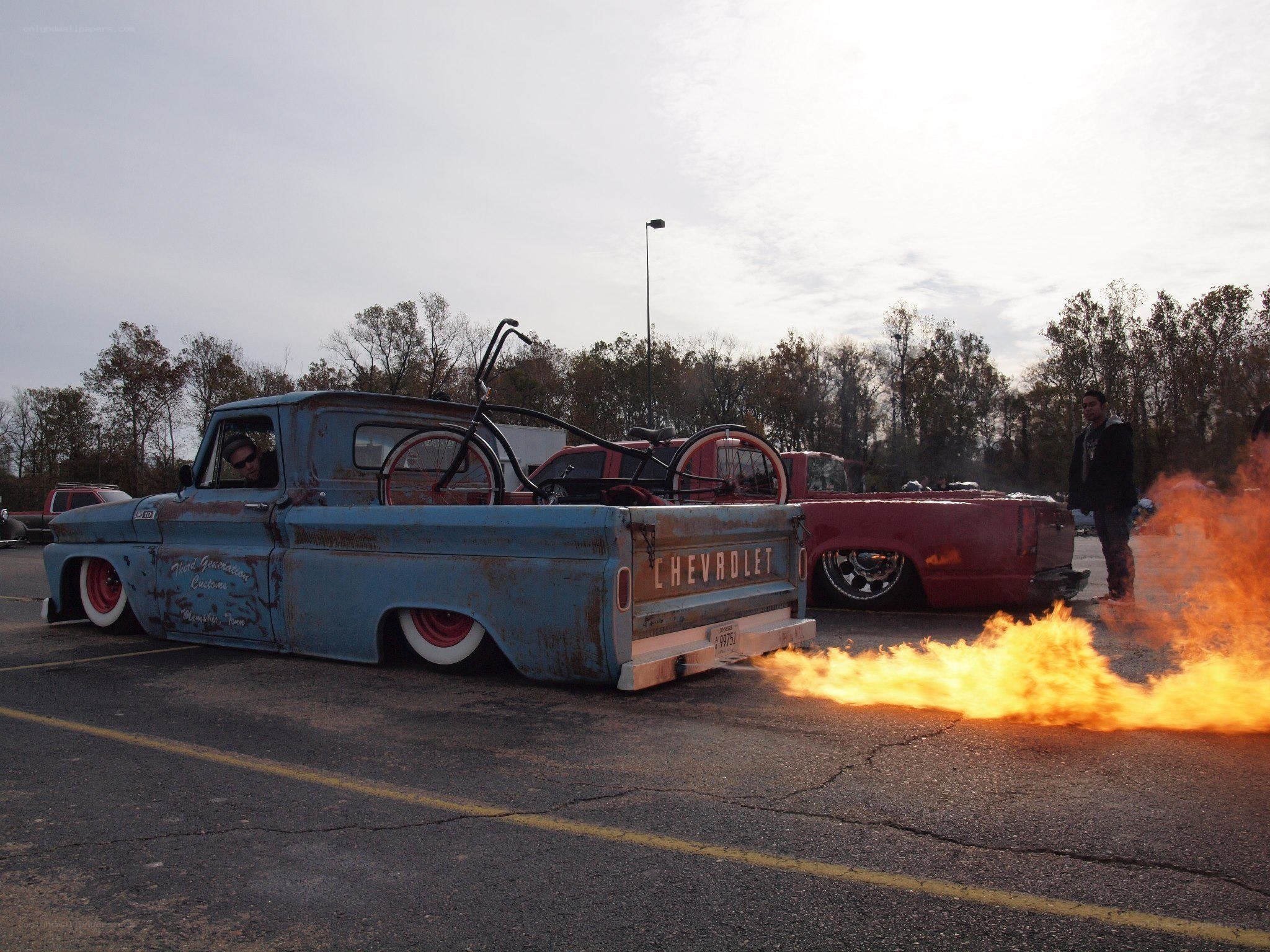 Blue truck with flames