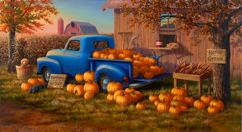 Blue Truck with Pumpkins