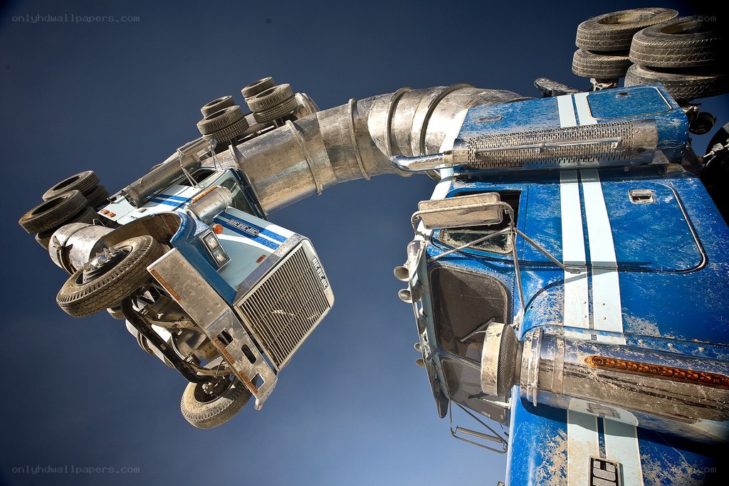 Blue trucks in mid-air collision