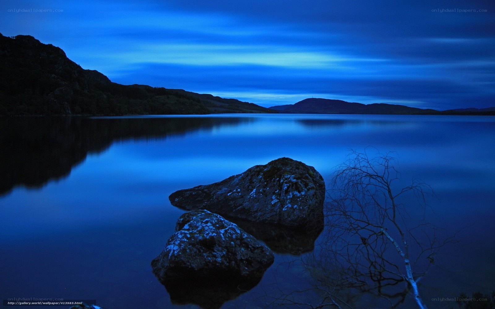 Blue twilight lake scene