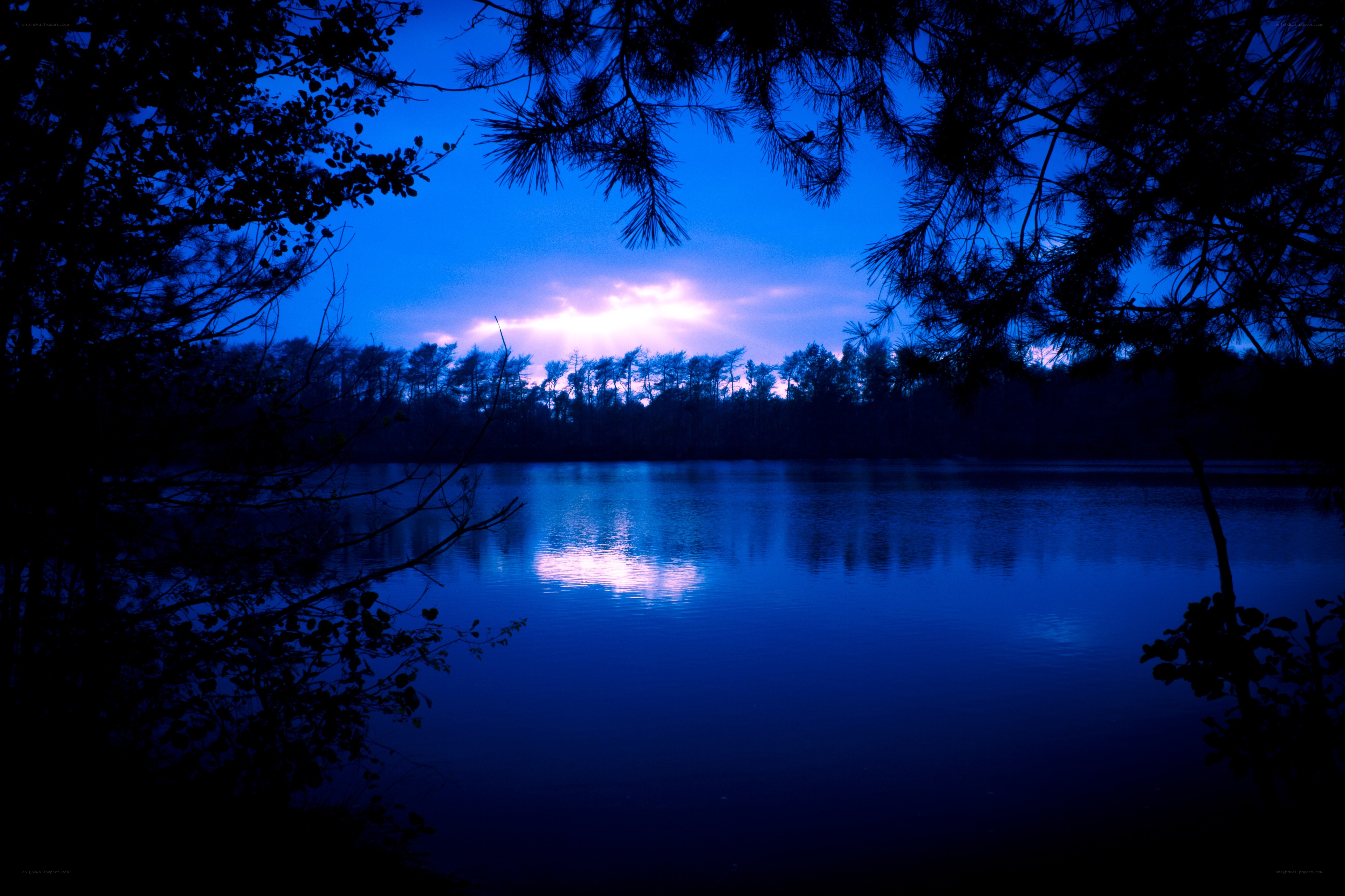 Blue twilight lake scene