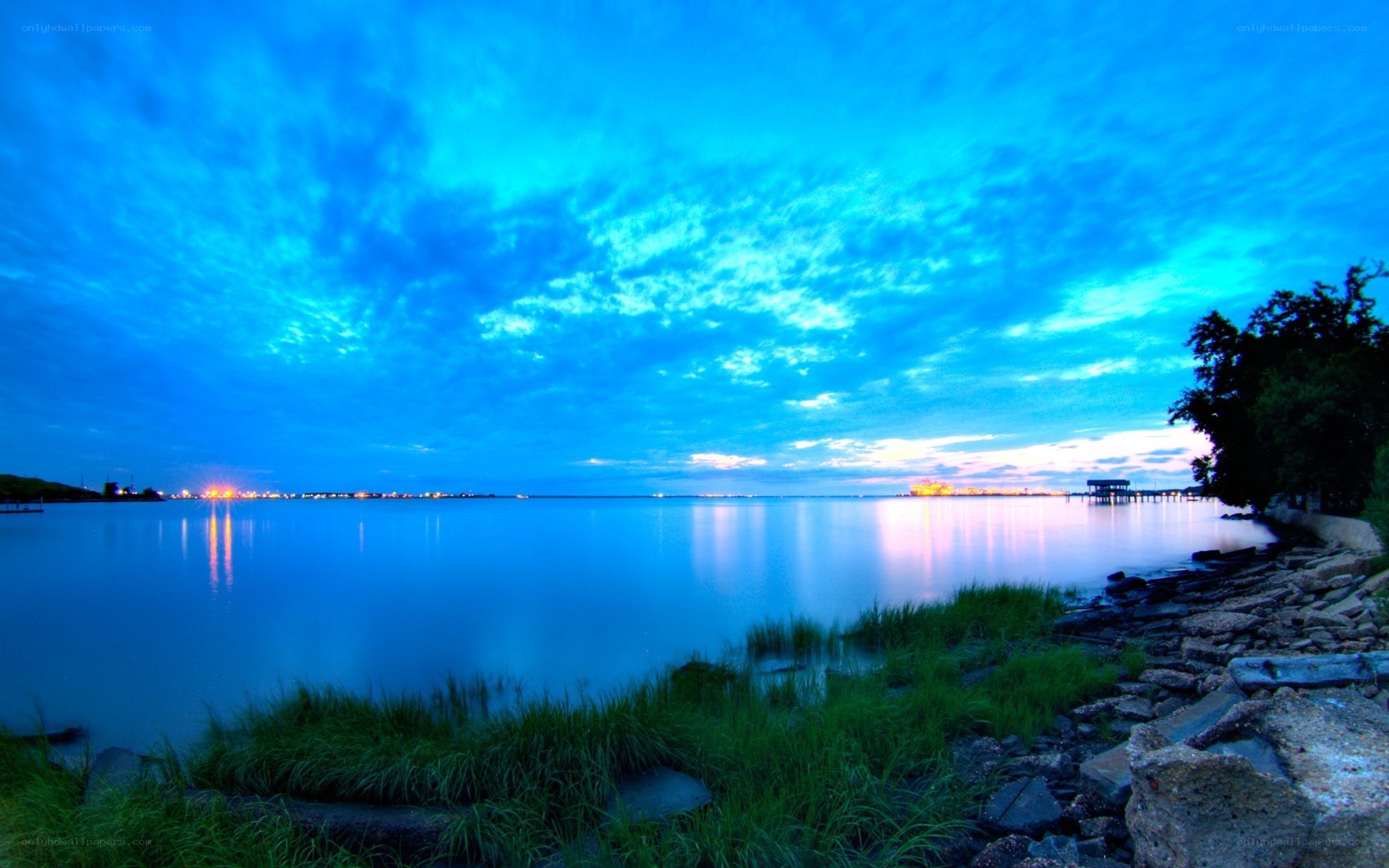 Blue twilight over a calm bay
