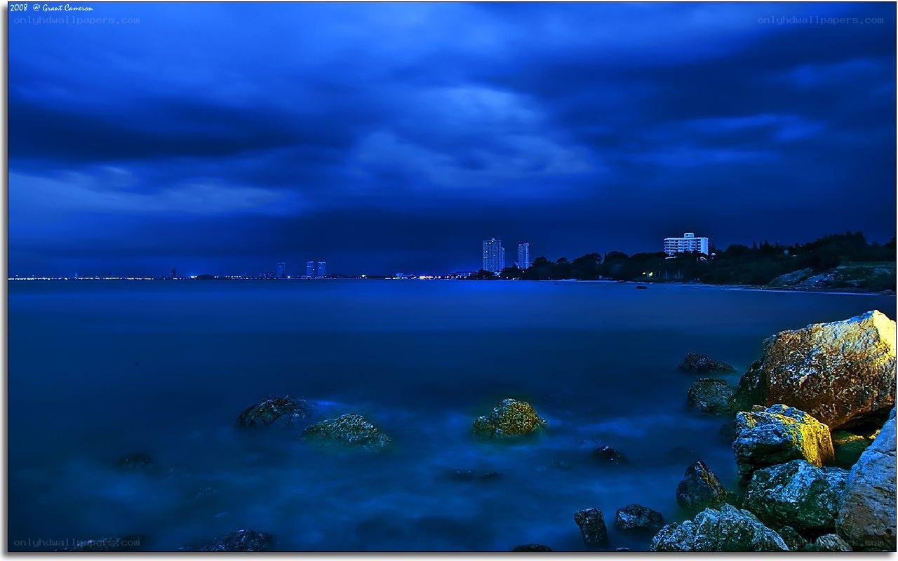 Blue twilight over coastal city