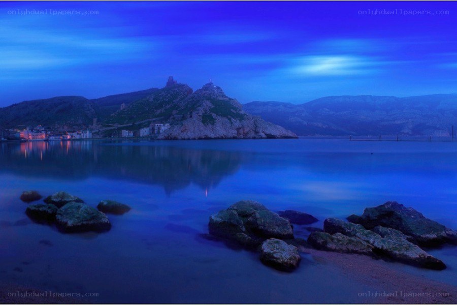 Blue twilight over coastal town