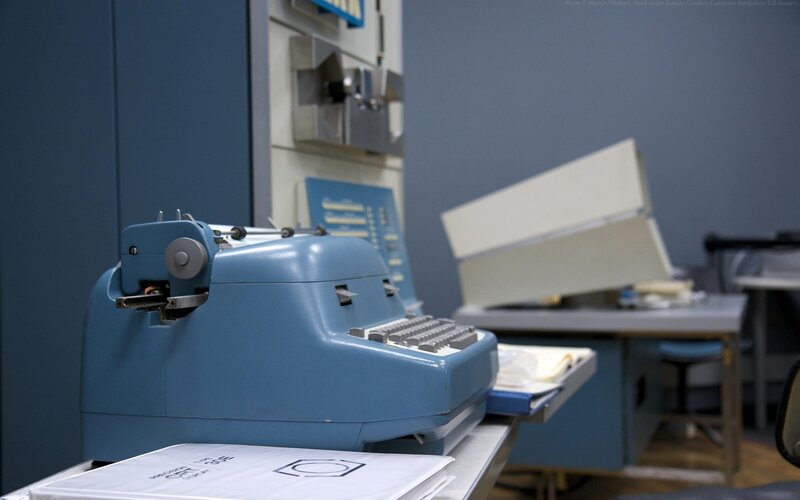 Blue typewriter in office
