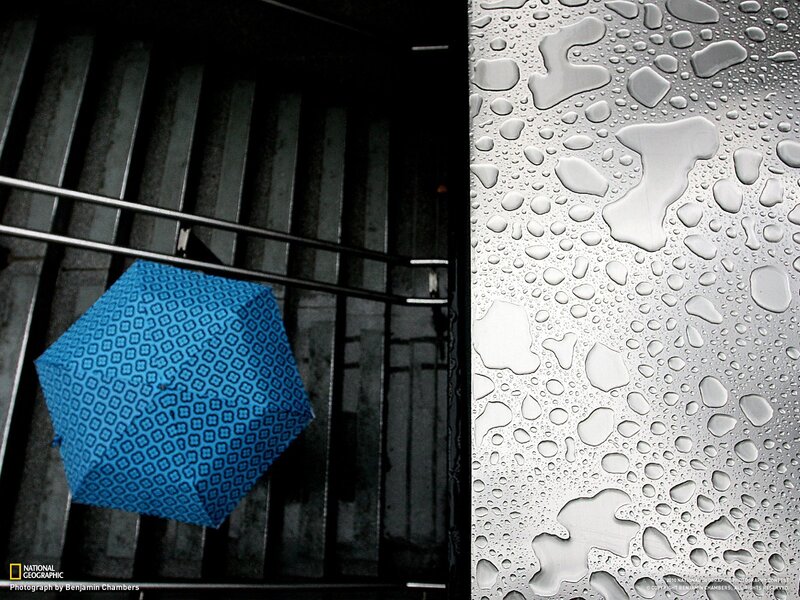 Blue Umbrella in Rain — Dramatic