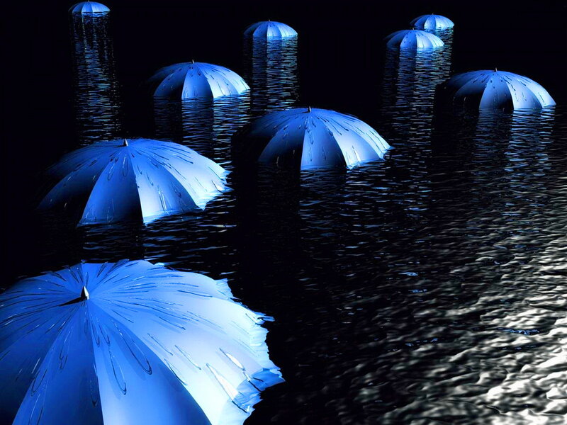 Blue Umbrellas in Water — Dramatic