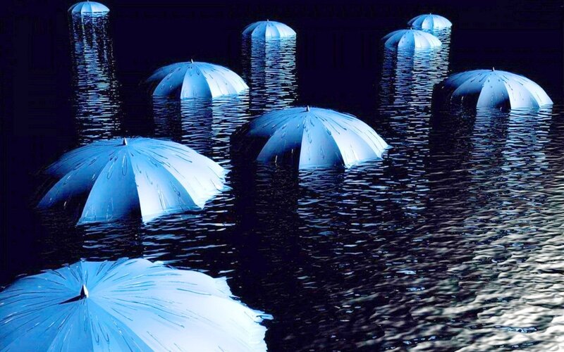 Blue Umbrellas in Water — Dreamy