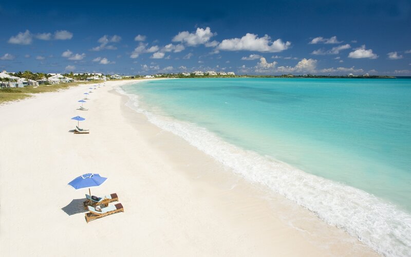Blue Umbrellas on Beach — White, Serene