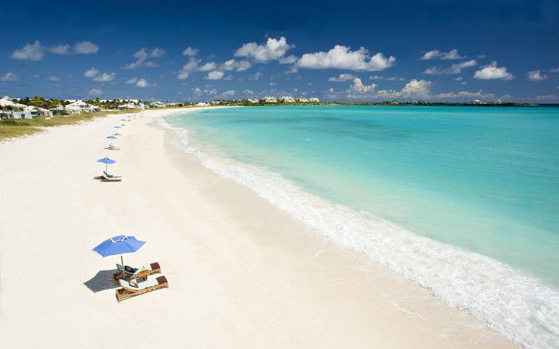 Blue Umbrellas on Beach — White