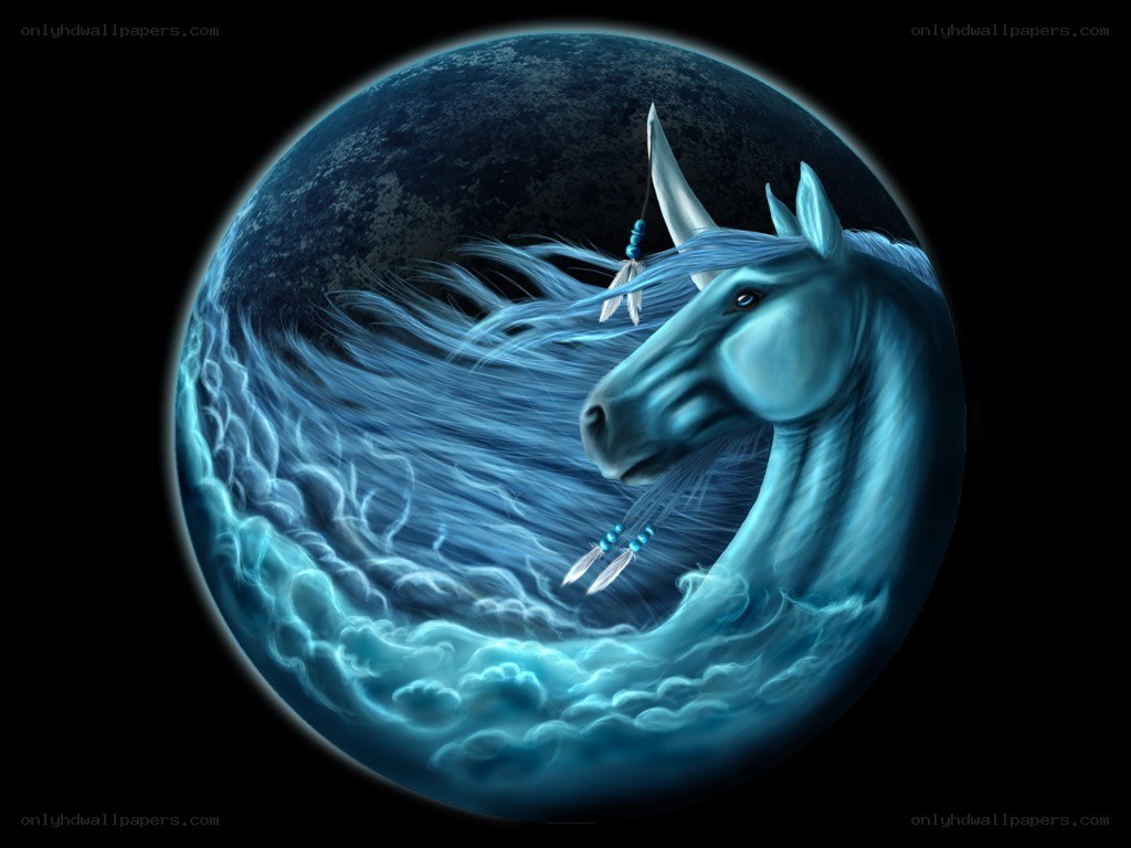 blue unicorn in a moon sphere