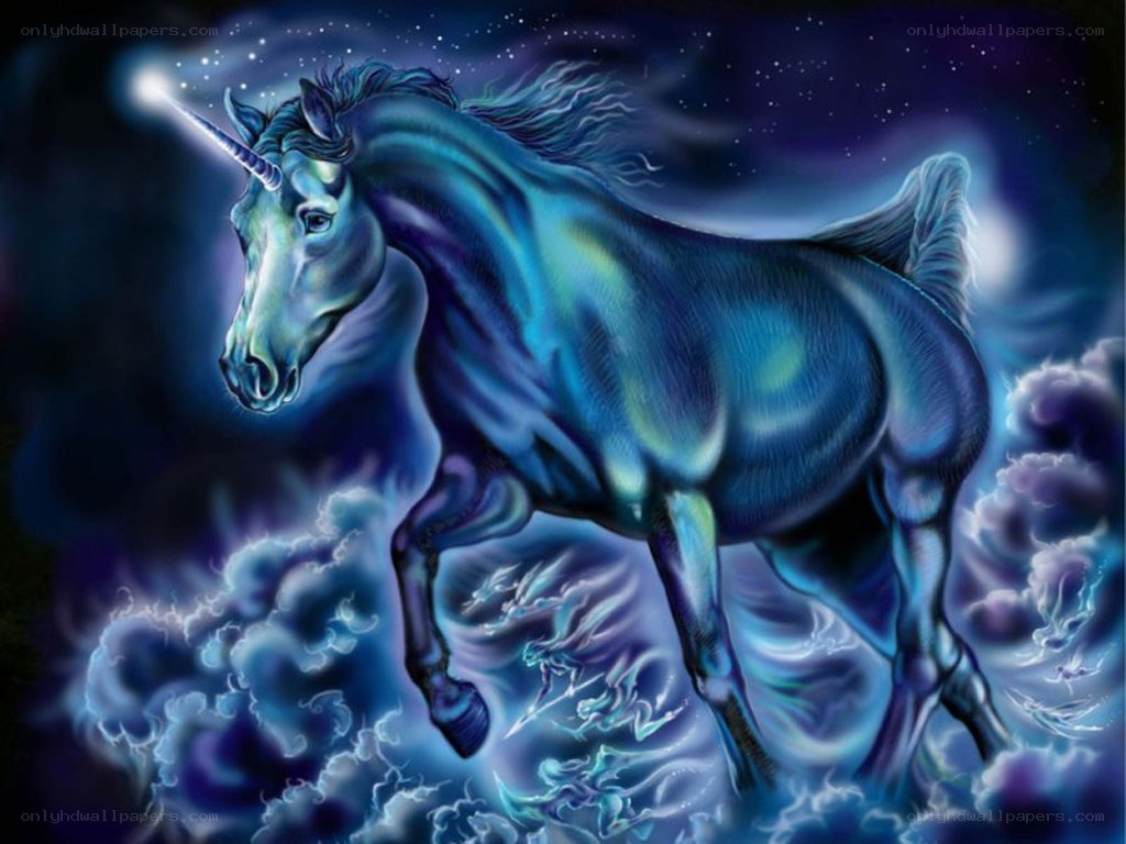 blue unicorn in starry sky