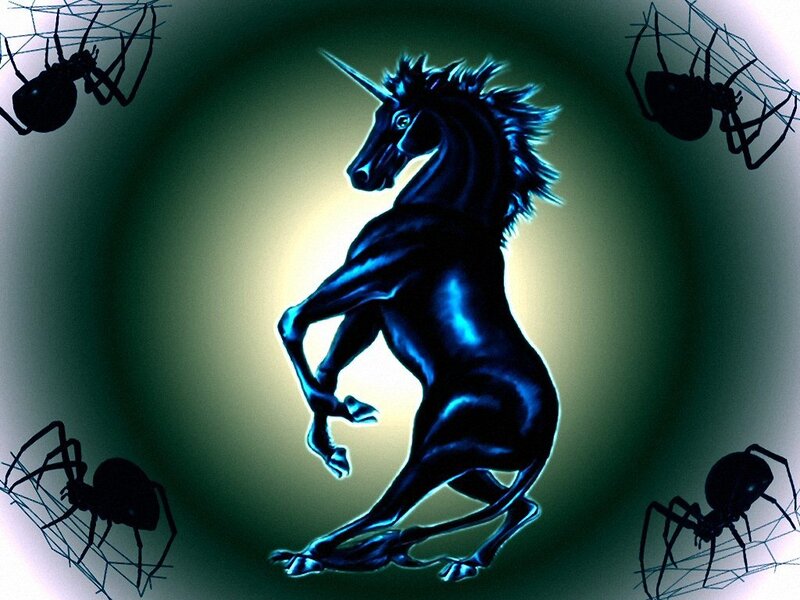 blue unicorn surrounded by spiders