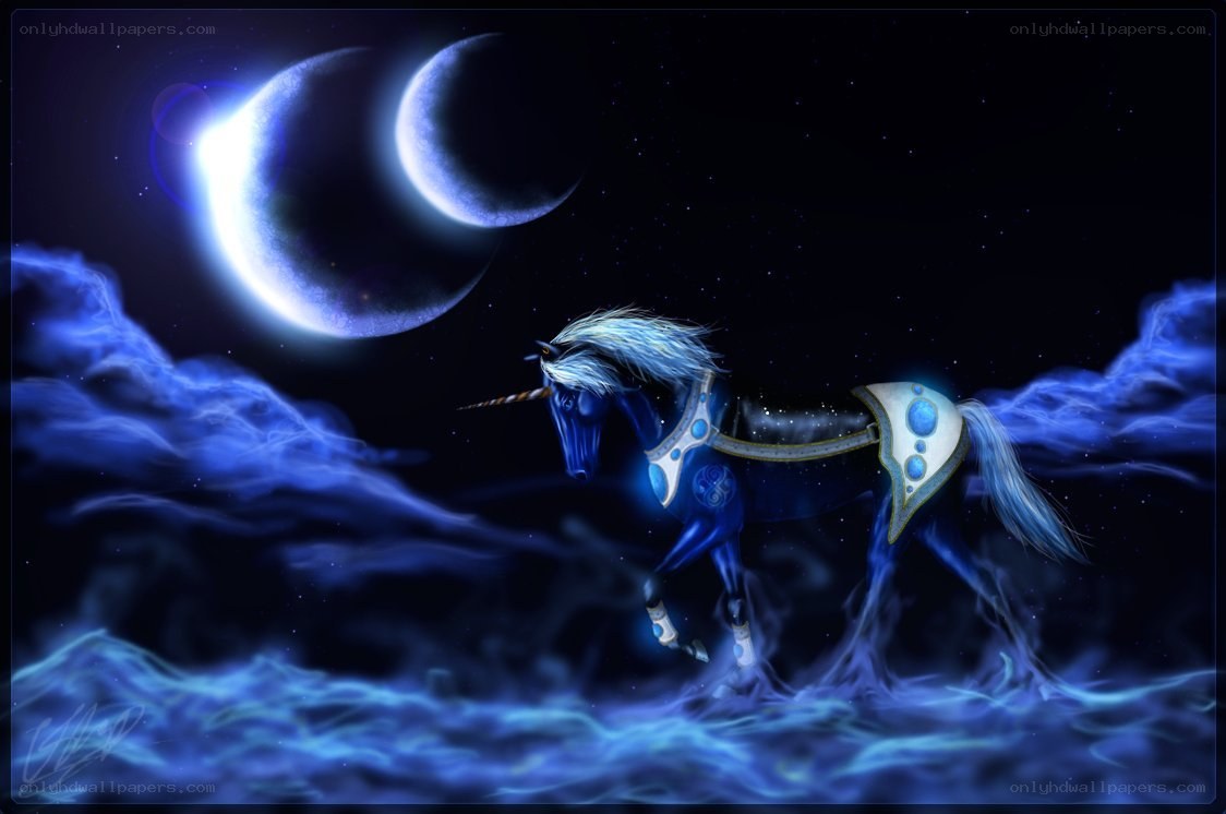 blue unicorn under crescent moons