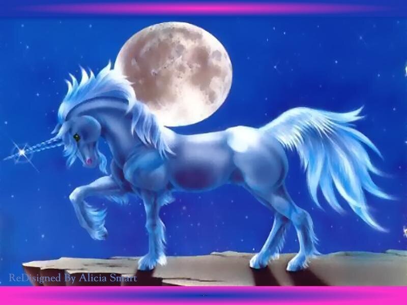 Blue unicorn under moonlight