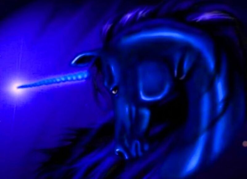 blue unicorn with glowing horn
