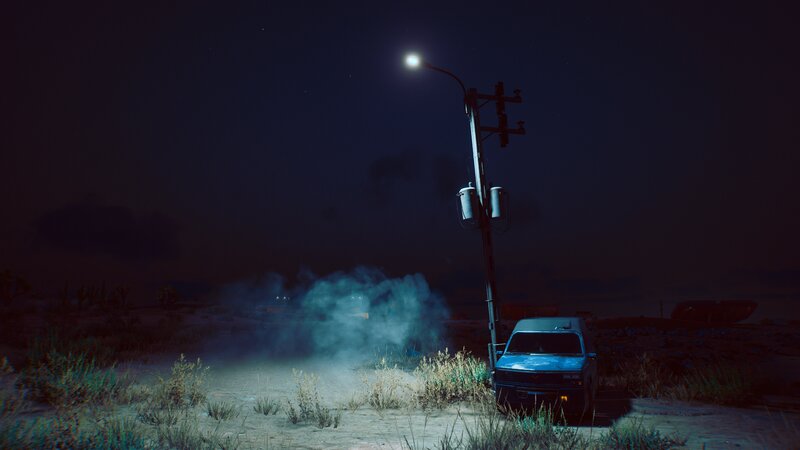 Blue Van under Streetlight