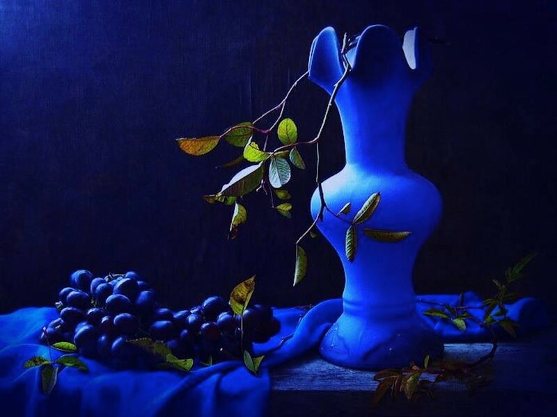 Blue Vase with Grapes