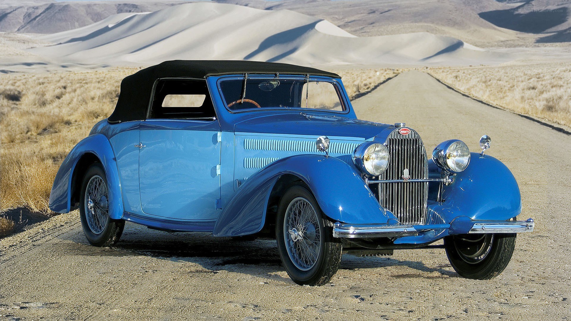 Blue vintage Bugatti convertible