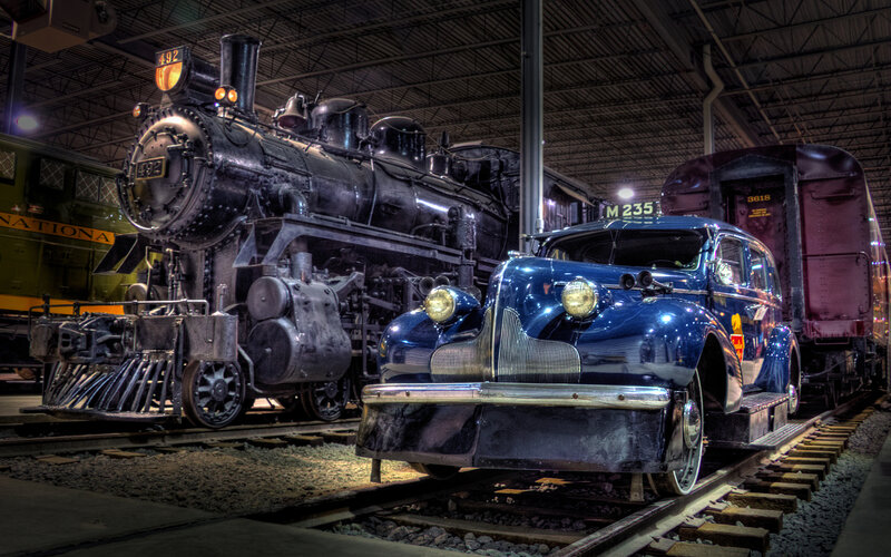 Blue Vintage Car and Steam Engine