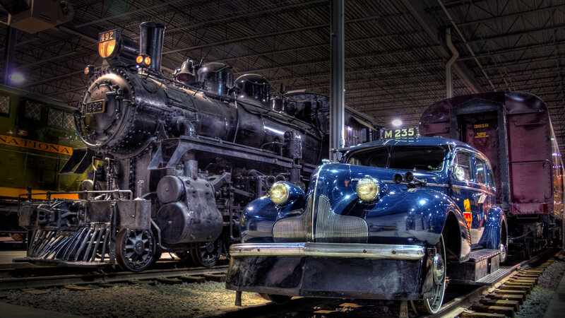 Blue Vintage Car and Steam Train