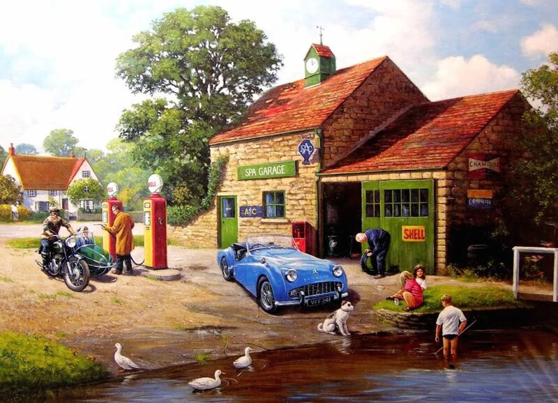 Blue Vintage Car at Garage