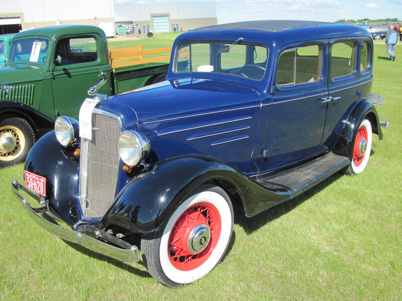 Blue Vintage Car — Calm, Afternoon, Photograph, Green Truck