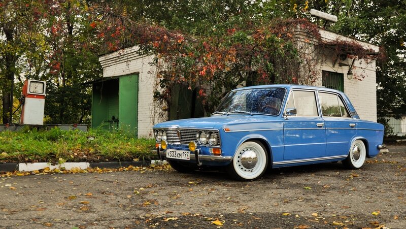Blue Vintage Car — Calm, Autumn, Photograph, Gas Pump