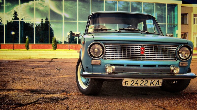 Blue Vintage Car — Dramatic, Afternoon, Photograph, Building, License Plate