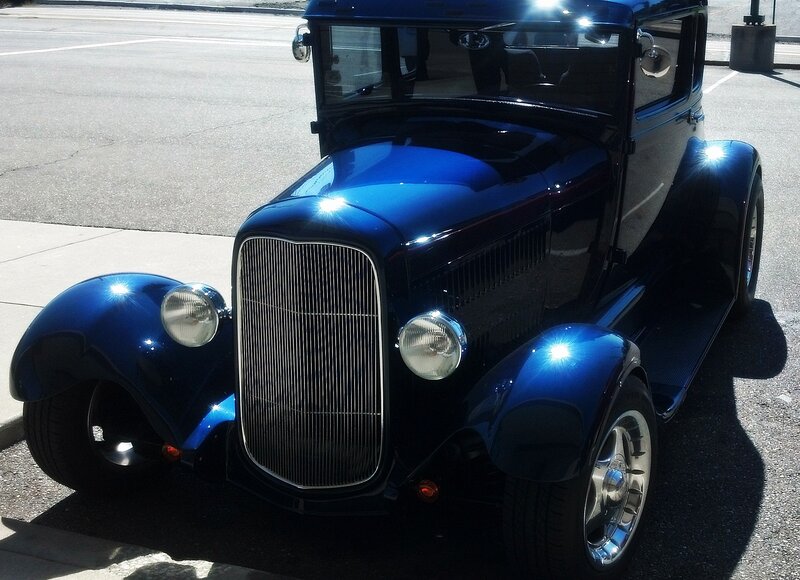 Blue Vintage Car — Dramatic, Afternoon, Photograph, Road