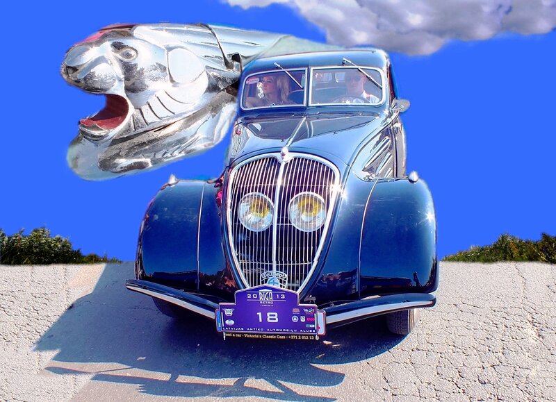Blue Vintage Car — Dramatic, Afternoon, Photograph, Tiger Sculpture