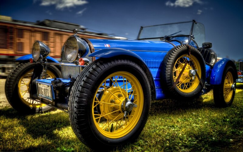 Blue Vintage Car — Dramatic, Afternoon, Photograph, Train, Grass, Sky