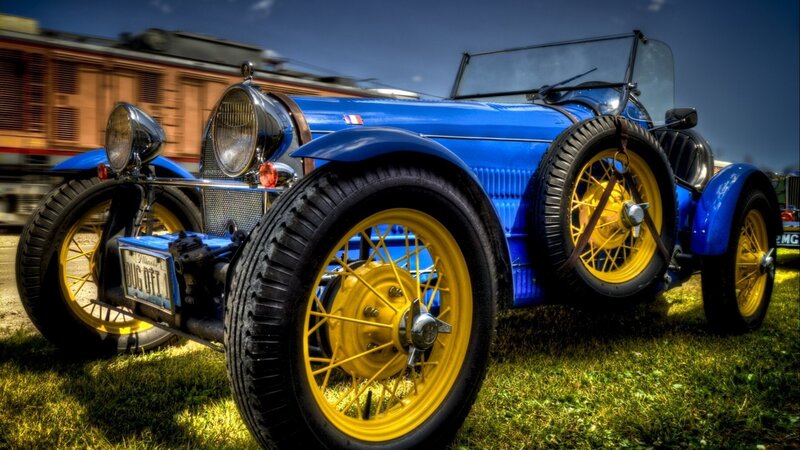 Blue Vintage Car — Dramatic, Afternoon, Photograph, Train, Grass