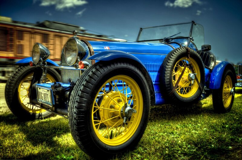 Blue Vintage Car — Dramatic, Afternoon, Photograph, Train