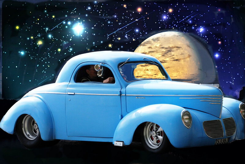 Blue Vintage Car — Dramatic, Night, Digital Art