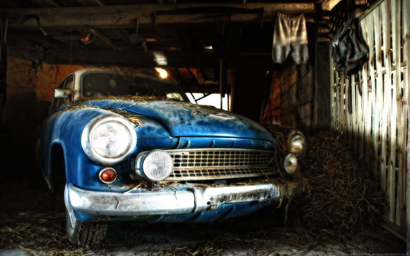 Blue Vintage Car — Dramatic, Photograph, Hay