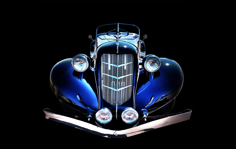 Blue Vintage Car — Dramatic, Photograph, Headlights, Grille