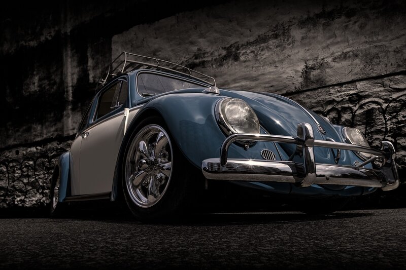 Blue Vintage Car — Dramatic, Photograph, Radiator Grille
