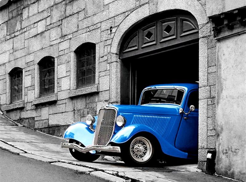 Blue Vintage Car — Dramatic, Photograph, Stone Building