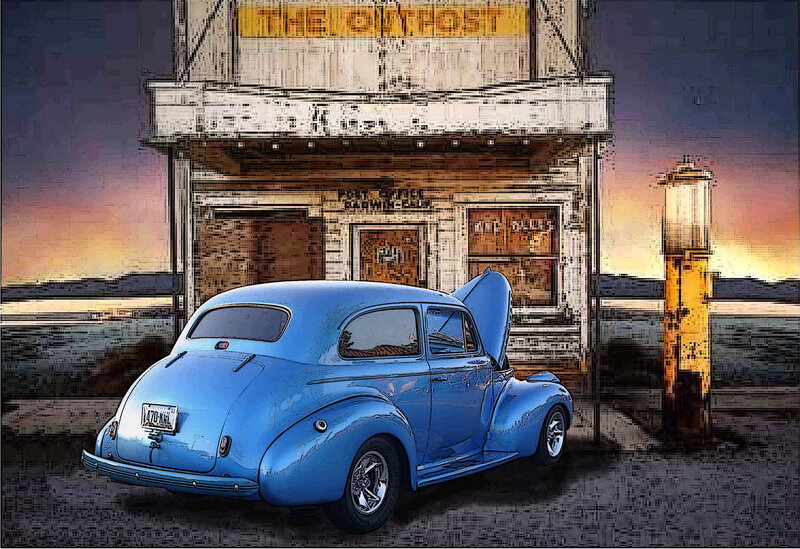 Blue Vintage Car — Dramatic, Sunset