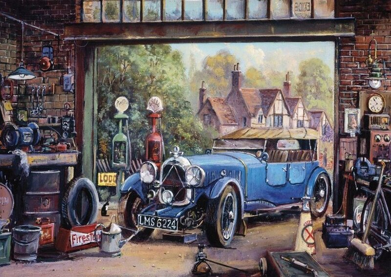 Blue Vintage Car in Garage
