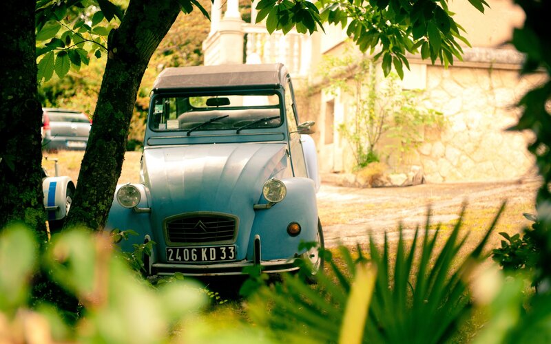 Blue vintage car in garden