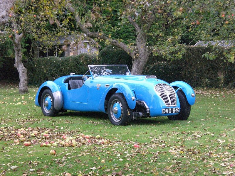 Blue vintage car in garden