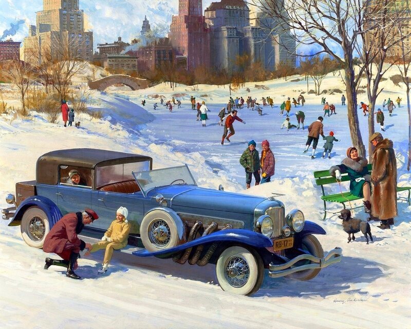Blue Vintage Car in Snow