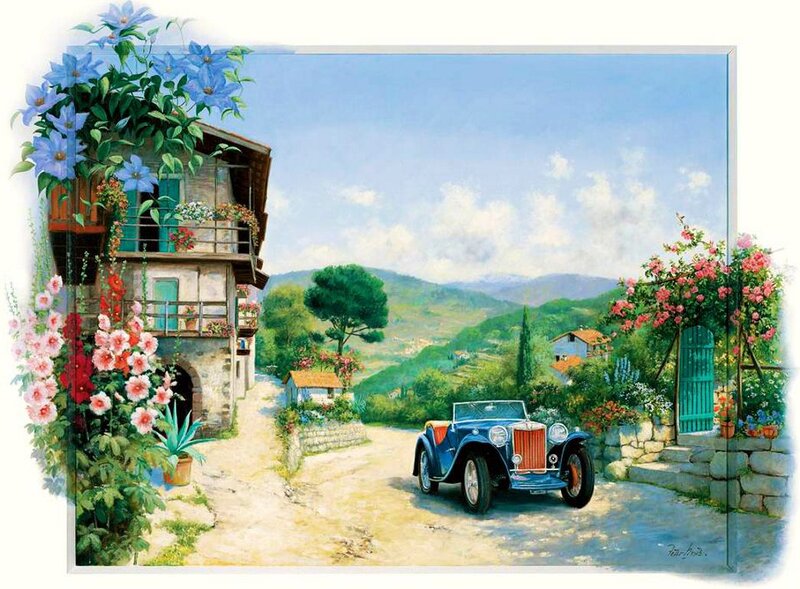 Blue Vintage Car on Road