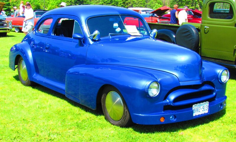 Blue Vintage Car — Outdoor, Afternoon, Photograph, Car Show, Green Truck