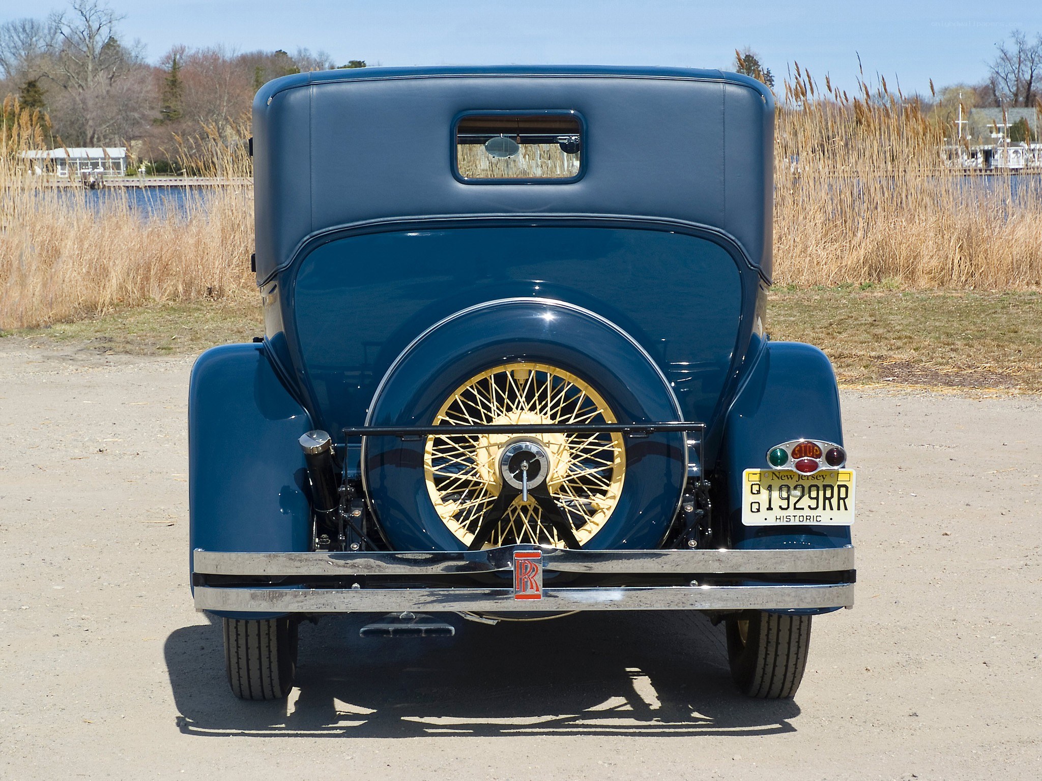 blue vintage car rear view