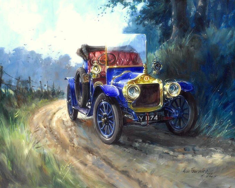 Blue Vintage Car — Serene, Afternoon, Painting, Dirt Road