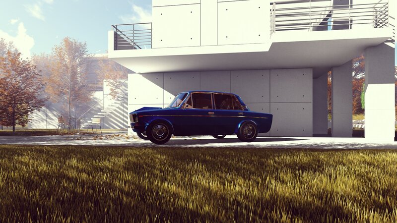 Blue Vintage Car — Serene, Autumn, 3d Render, Modern House